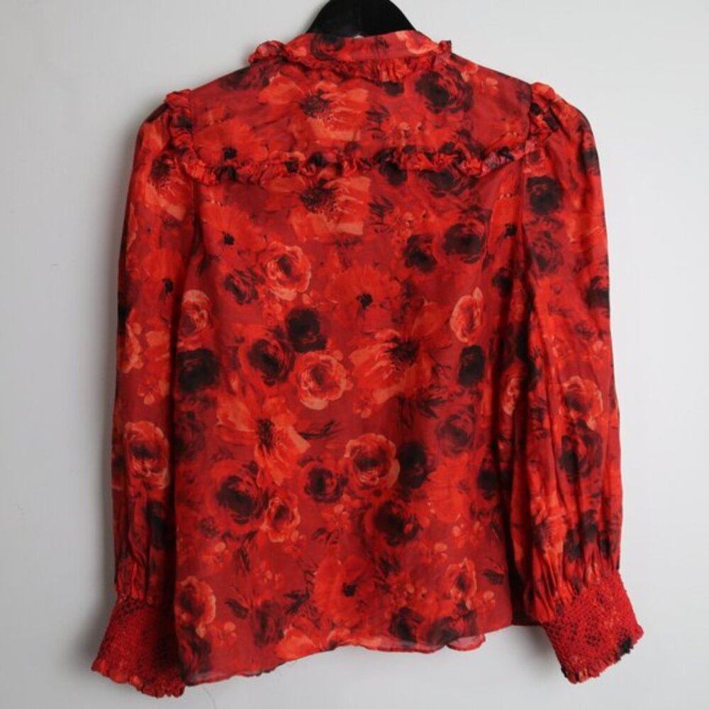 Alice + Olivia Bette Silk Cotton Ruffle Tie Blouse Floral Red Size Medium - Picture 8 of 8